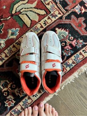 Peloton White and Orange Cycling Shoes with Hook-and-Loop Straps